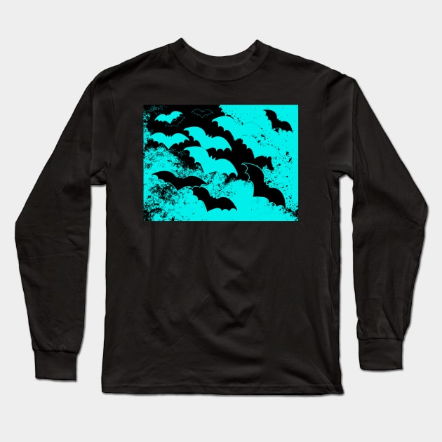 Black Bats In Flight Teal Long Sleeve T-Shirt by BlakCircleGirl